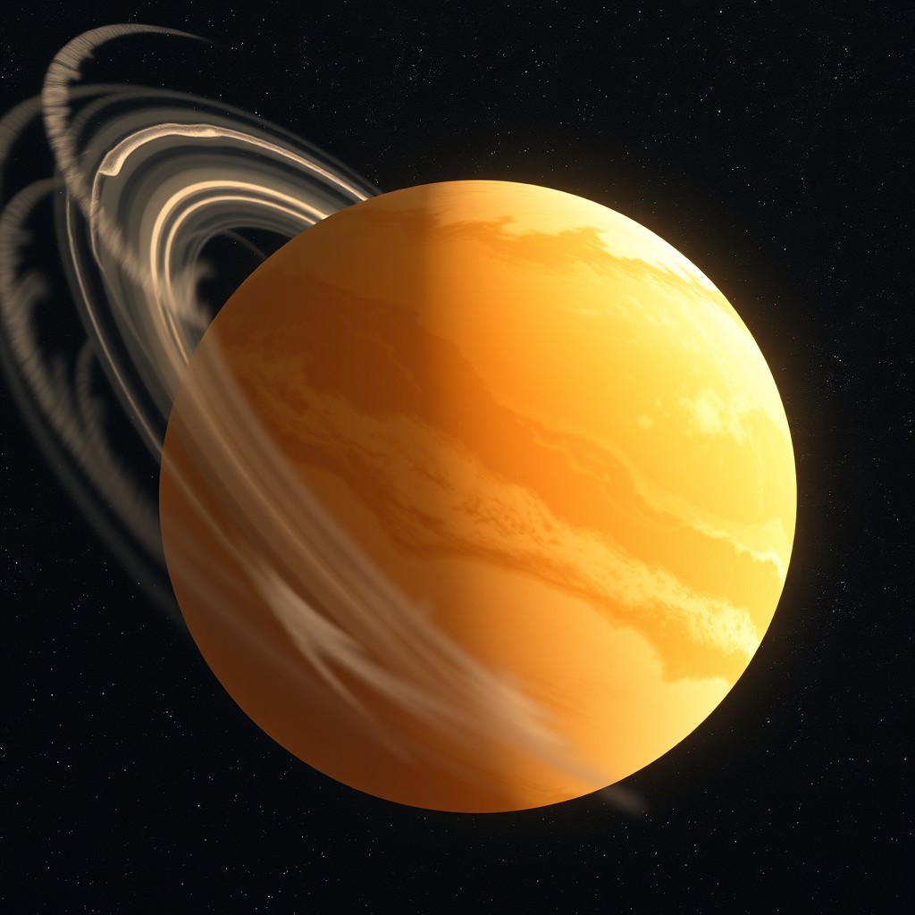 A stunning view of a fictional planet from space, showcasing vibrant hues of yellow and peach