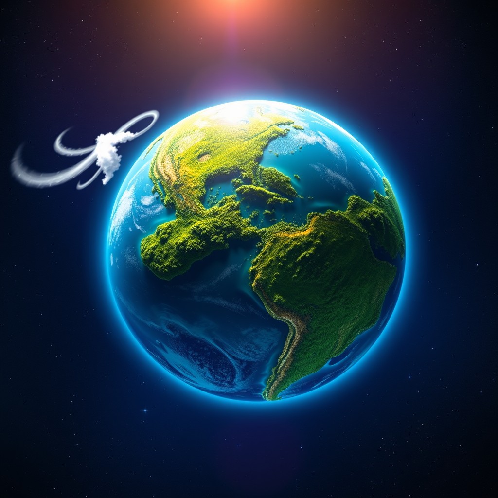 A vibrant and stunning planet resembling Earth, with lush green landmasses interspersed with sparkling ocean blue waters