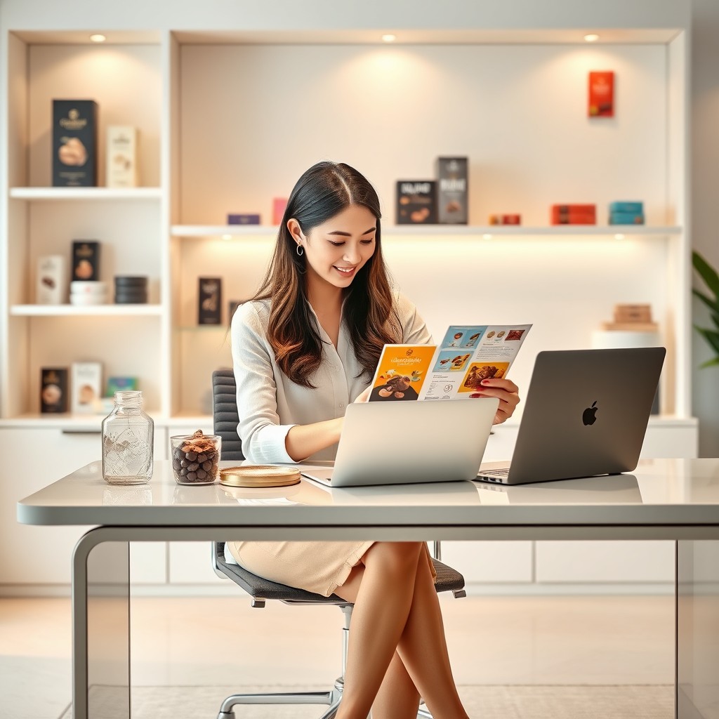 A clean and sophisticated representation of a female brand planner in a stylish office environment, focused on her work within the chocolate and non-chocolate confectionery industry