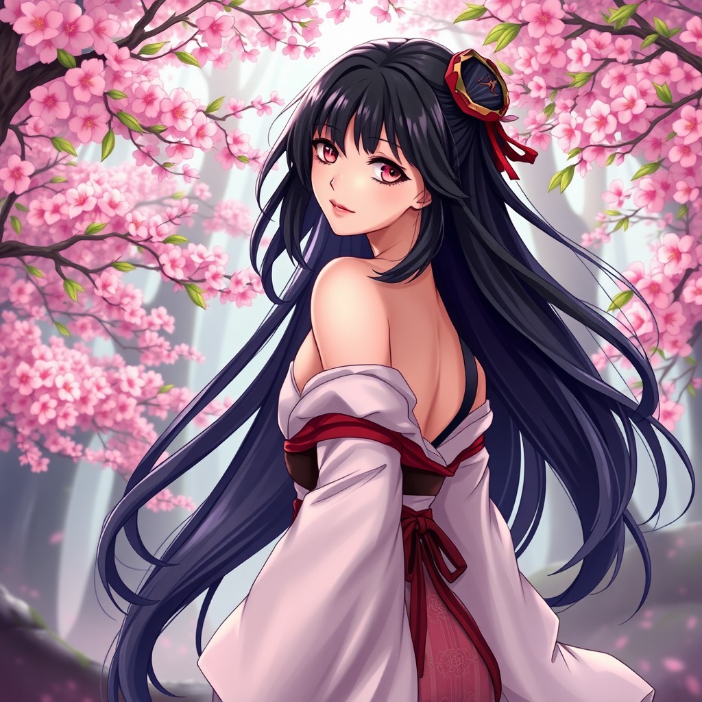 A stunning illustration of a young woman inspired by Nezuko Kamado from 'Demon Slayer,' featuring her with an elegant and alluring pose that showcases her curves, accentuating her nalgona physique