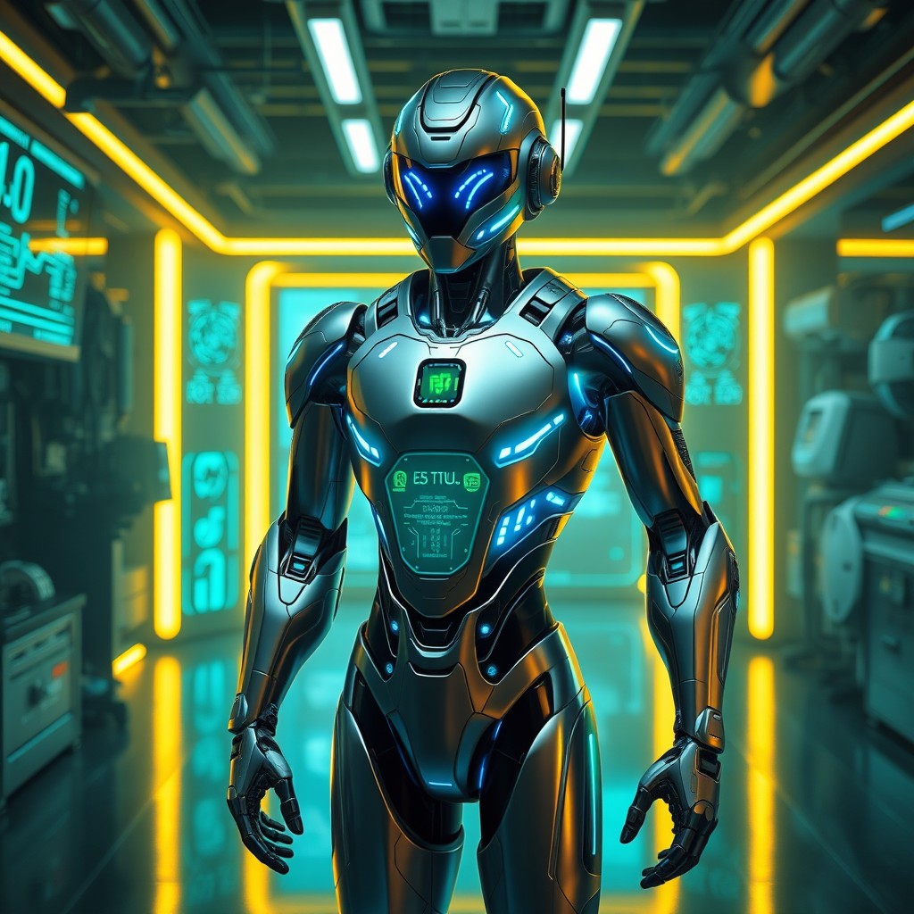 A futuristic and high-tech robotic character named EREC-TUS, designed with sleek metallic body and intricate circuits glowing in blue and green hues, standing confidently in a neon-lit laboratory environment