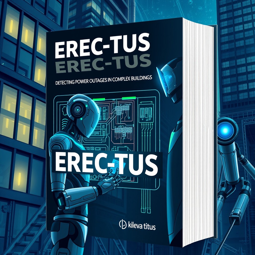 An illustrated book cover for 'EREC-TUS AI: Detecting Power Outages in Complex Buildings' by Kileva Titus