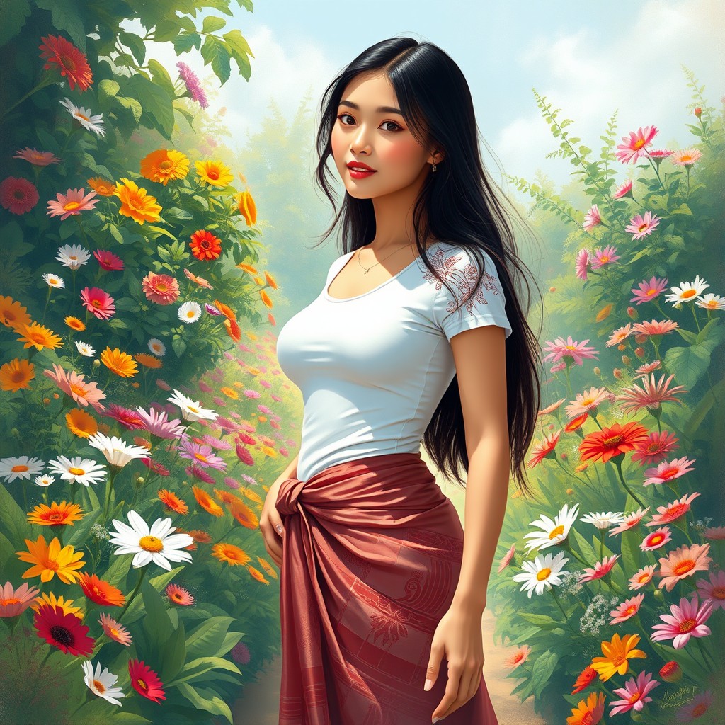A beautiful, slender woman wearing a traditional Thai sarong and a white fitted t-shirt, standing gracefully in the middle of a vibrant flower garden