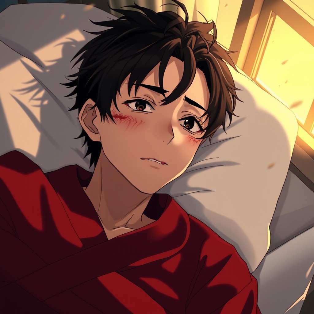 A young injured anime man with messy black hair lying on a white hospital bed, his pale skin showing faint blood on his lips, wearing a dark red robe