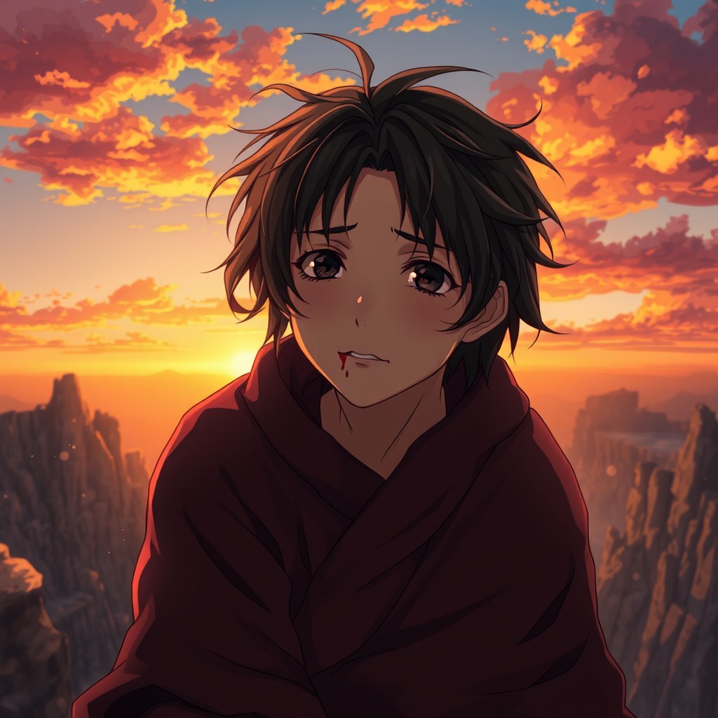 A young injured anime man with messy black hair, either sitting or lying weakly on the edge of a high rocky cliff during a beautiful sunset