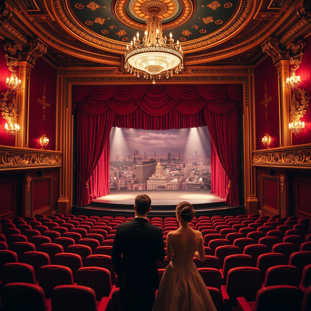 An elegant theatre interior, showcasing plush red velvet seats and ornate golden decorations