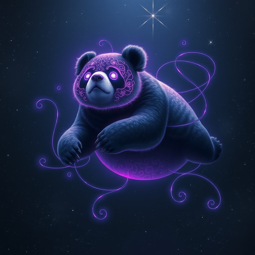 An eldritch panda floating majestically in a dark, cosmic void