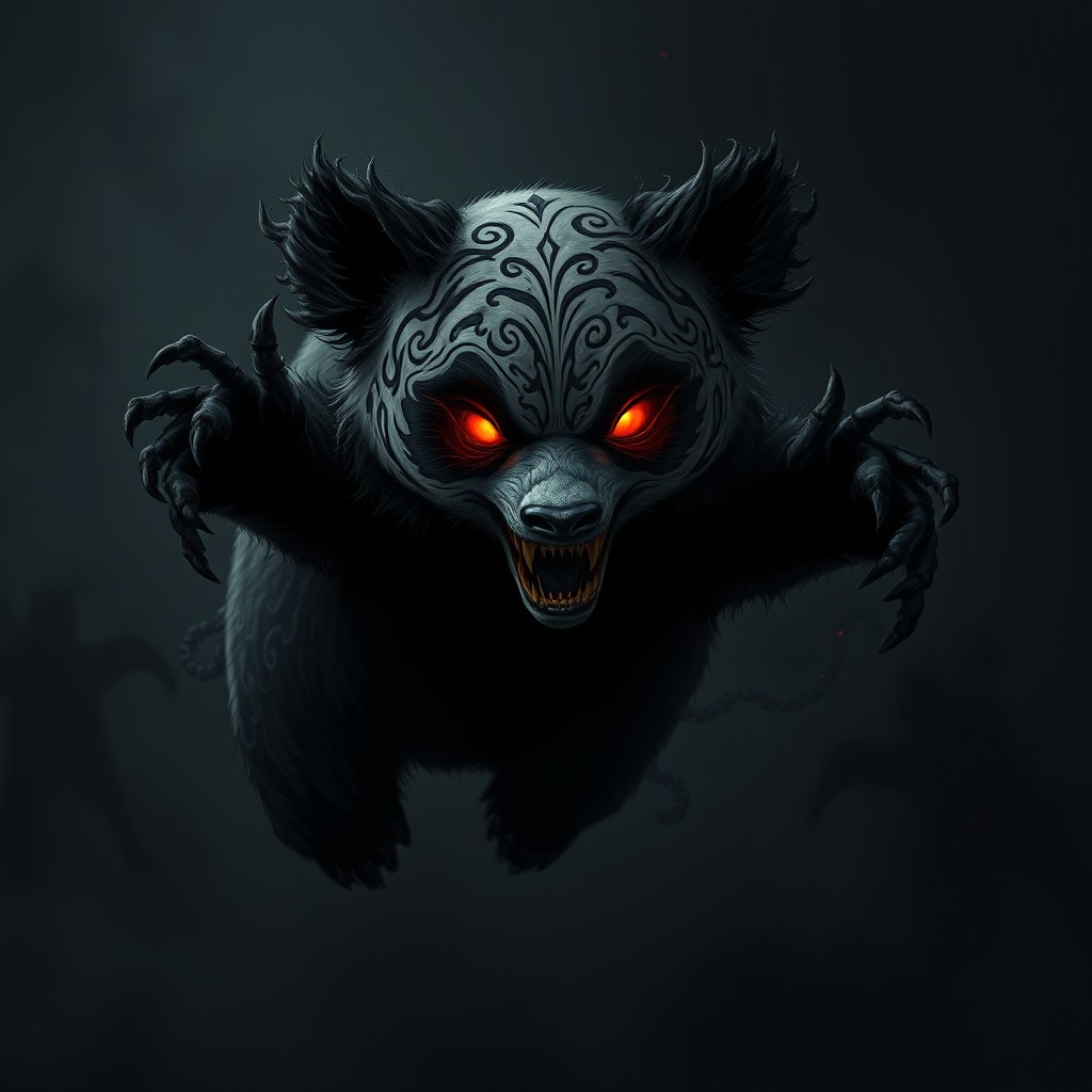 A creepy, eldritch panda with dark, swirling patterns on its fur, eyes glowing with an unsettling light, floating in an endless void of blackness