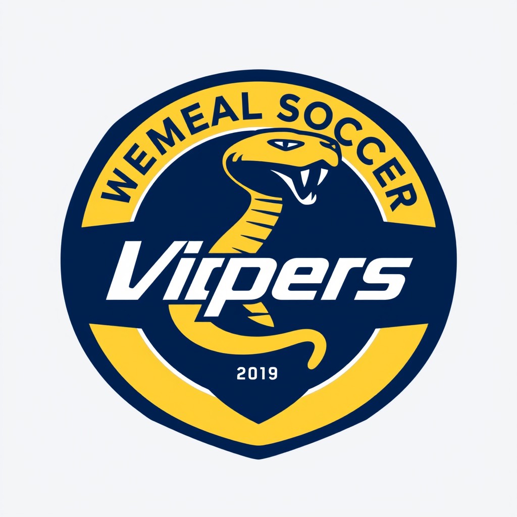 A logo for a women's soccer team badge inspired by the Premier League style, featuring a small, stylized viper in a dynamic and sleek design