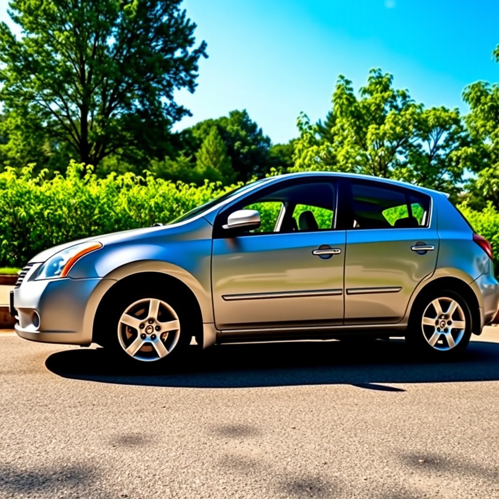 A 2008 Nissan Sentra parked on a scenic street
