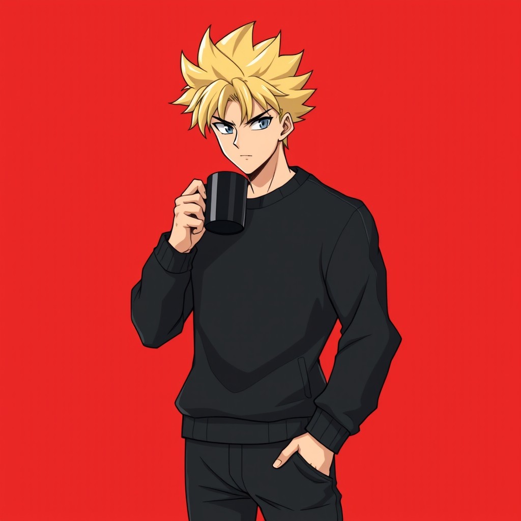 An original anime male character inspired by classic shonen heroes, featuring large spiky blond hair and a serious expression