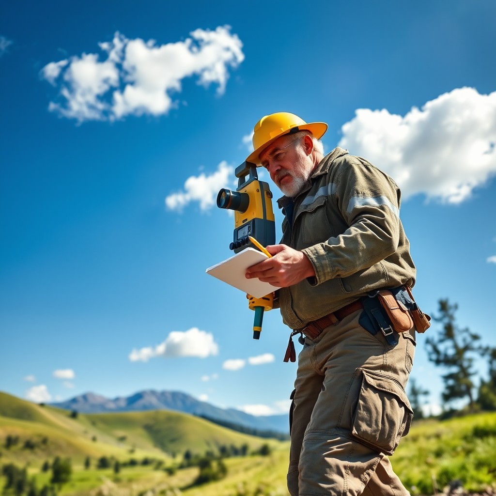 A dynamic book cover showcasing a surveyor at work, expertly taking measurements with a theodolite in a vast outdoor landscape