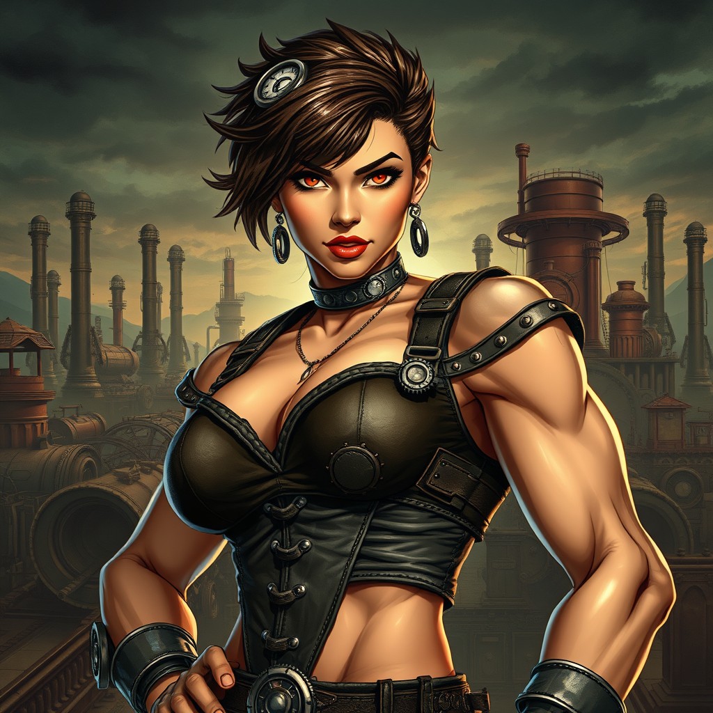 A powerful and muscular woman portrayed in a dieselpunk aesthetic, showcasing a mix of vintage industrial elements and futuristic technology