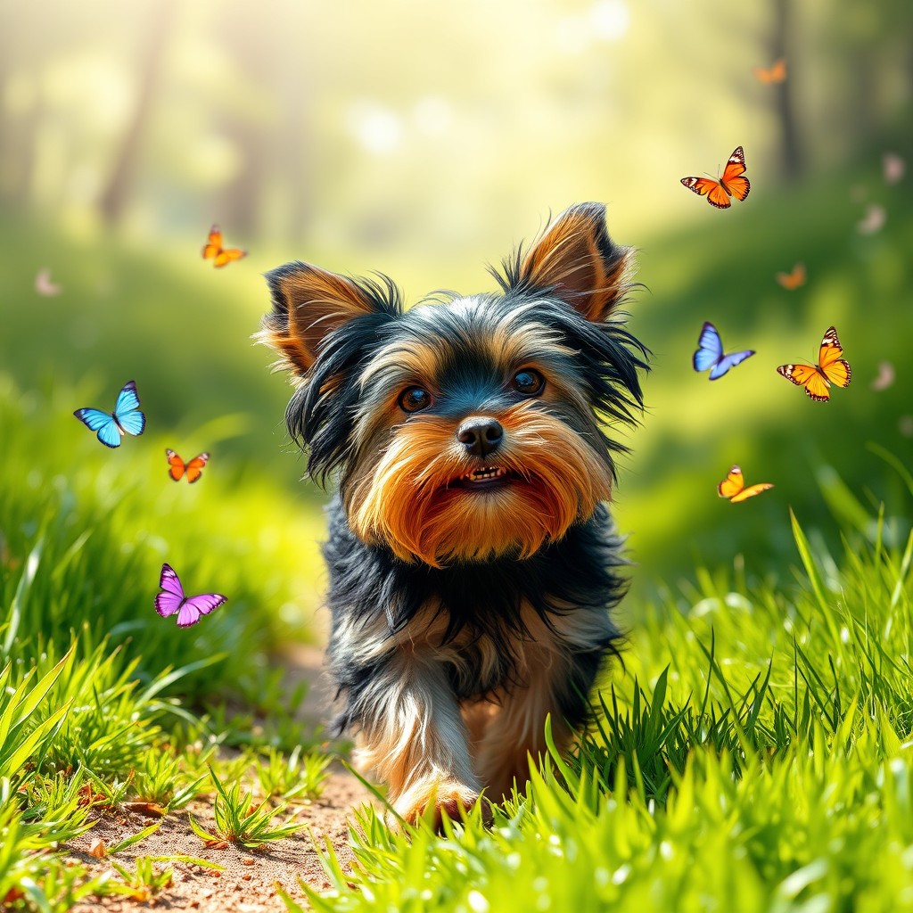 A small chubby Yorkshire terrier with floppy ears and a beautiful coat of black and brown fur, walking joyfully along a sunny grassy trail