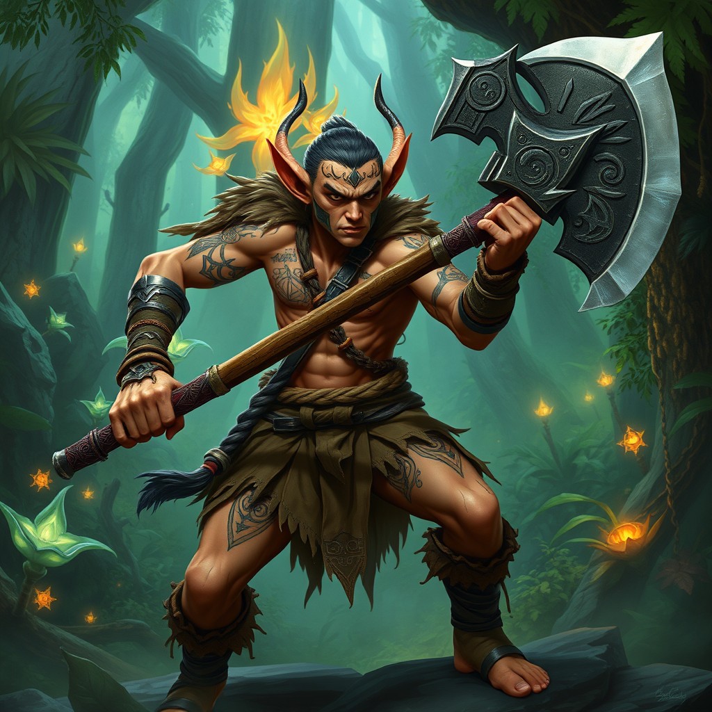 A tribal elf fighter wielding a massive great axe, showcasing a muscular physique and dynamic battle stance