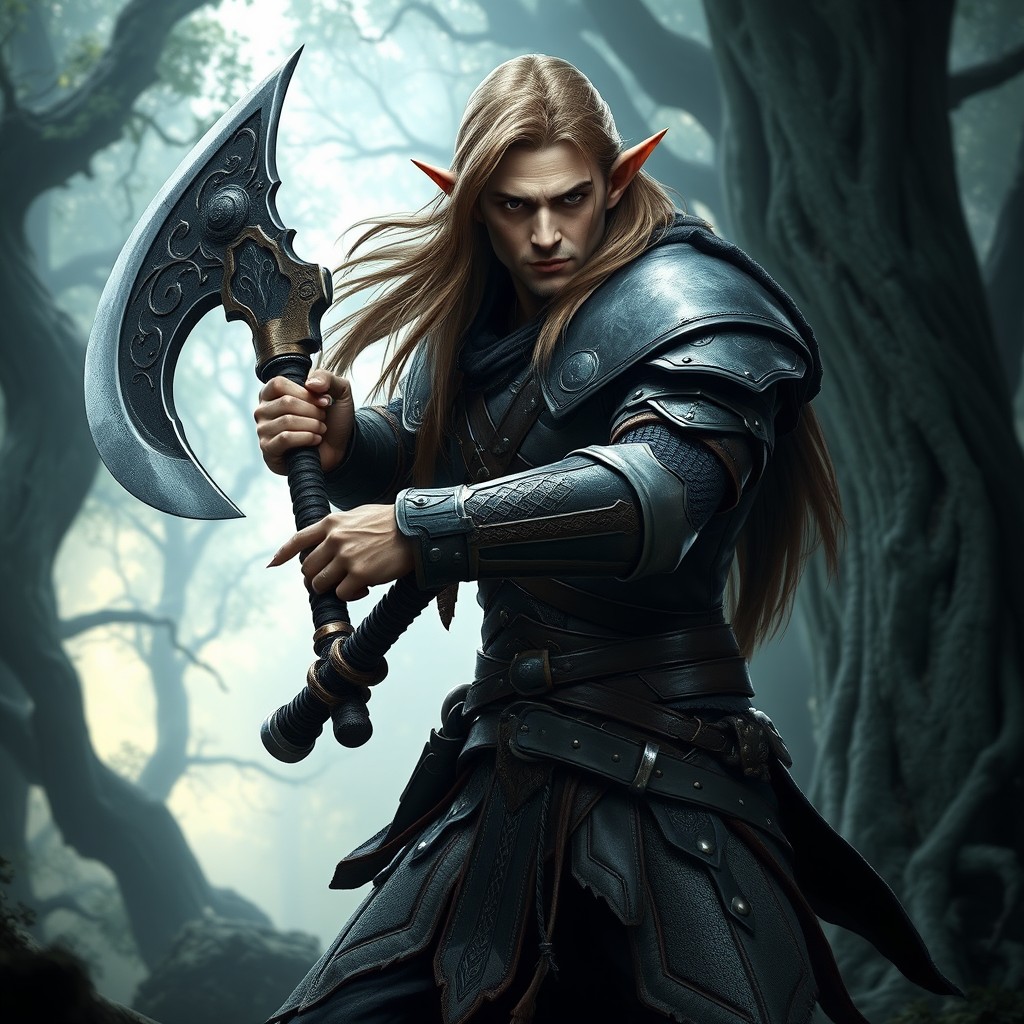 A male elf fighter wielding a large, intricately designed great axe, portrayed in a powerful stance