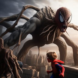 A three-year-old boy wearing a Spiderman costume with his mask open, swinging from a building while combating a large spider monster, set in a cool fantasy world background.