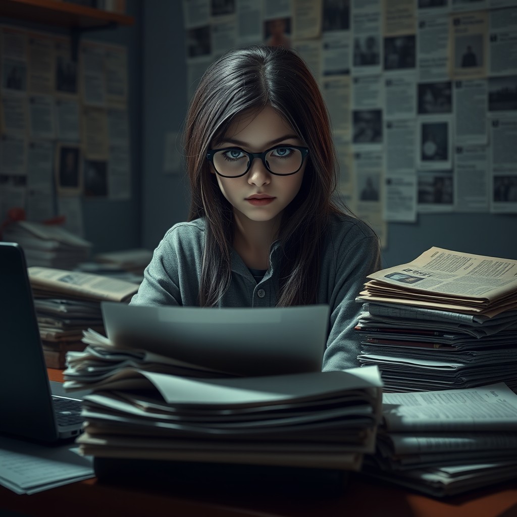A hyper-realistic portrait of a teenage girl with an intense expression, featuring long dark hair and wearing glasses
