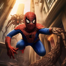 A three-year-old boy wearing a Spiderman costume with his mask open, swinging from a building while combating a large spider monster, set in a cool fantasy world background.