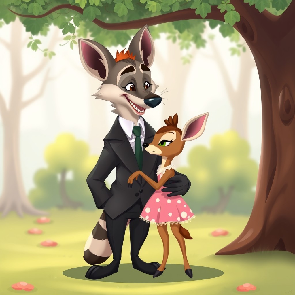 An anthropomorphic male hyena wearing a stylish suit, gently hugging a small innocent doe dressed in a cute, colorful dress under a tree
