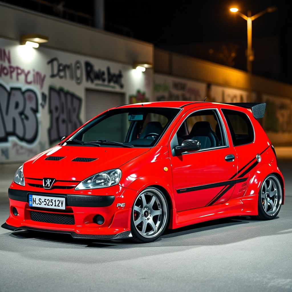 A customized Peugeot 106, featuring a striking wide bodykit that enhances its sporty appearance