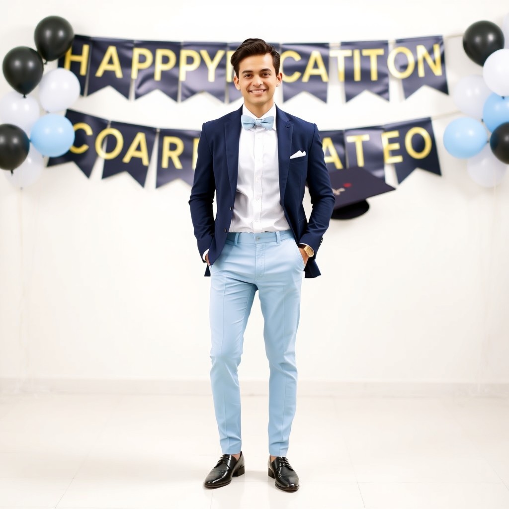 A stylish graduation party outfit for men featuring a light blue dress pants