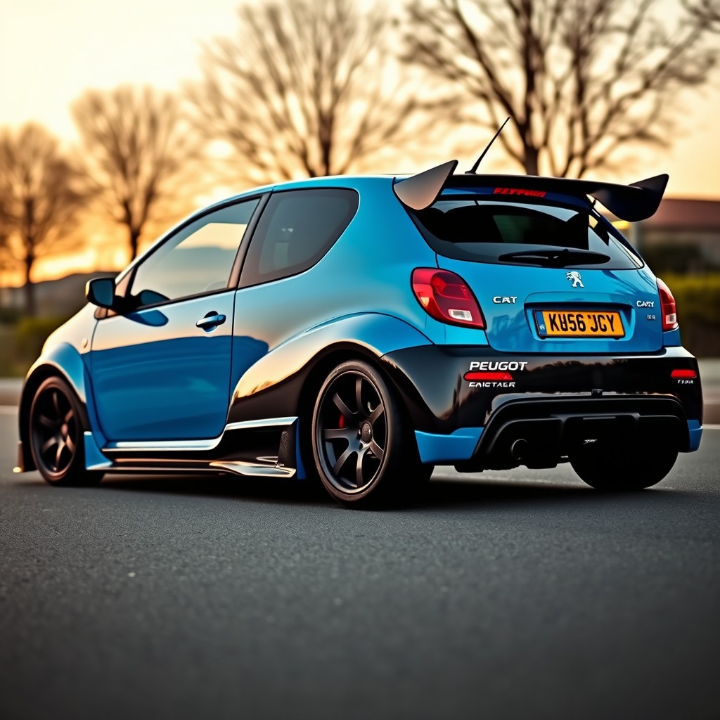 A customized Peugeot 106 featuring an impressive wide bodykit that enhances its compact silhouette
