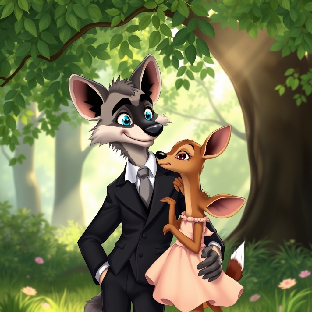 An anthropomorphic male hyena with striking blue eyes, dressed in a sharp, stylish suit, gently hugging a small innocent doe in a lovely, pastel-colored dress under a lush green tree