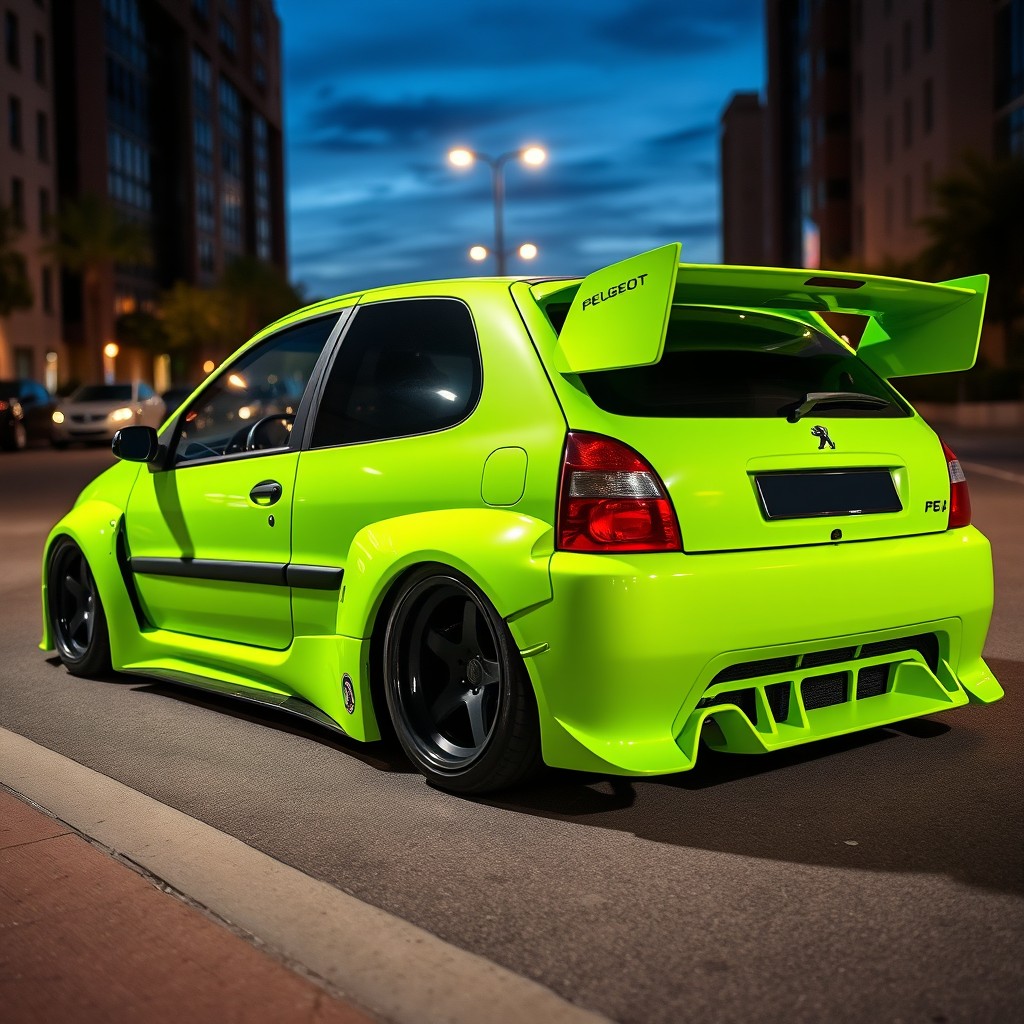 A custom Peugeot 106 featuring an impressive wide bodykit that transforms its compact design into a bold, sporty aesthetic