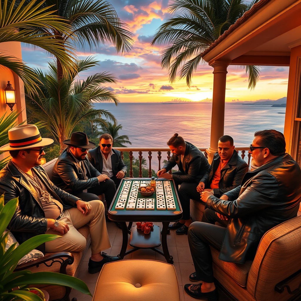 On the terrace of a luxurious villa, a group of stylish gangsters is engaged in an intense game of dominoes