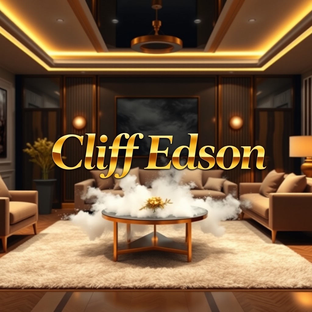 A logo design for 'Cliff Edson' featuring the brand name in stylish, modern typography, crafted in gold color against a backdrop that resembles a fine powder resembling white gunpowder
