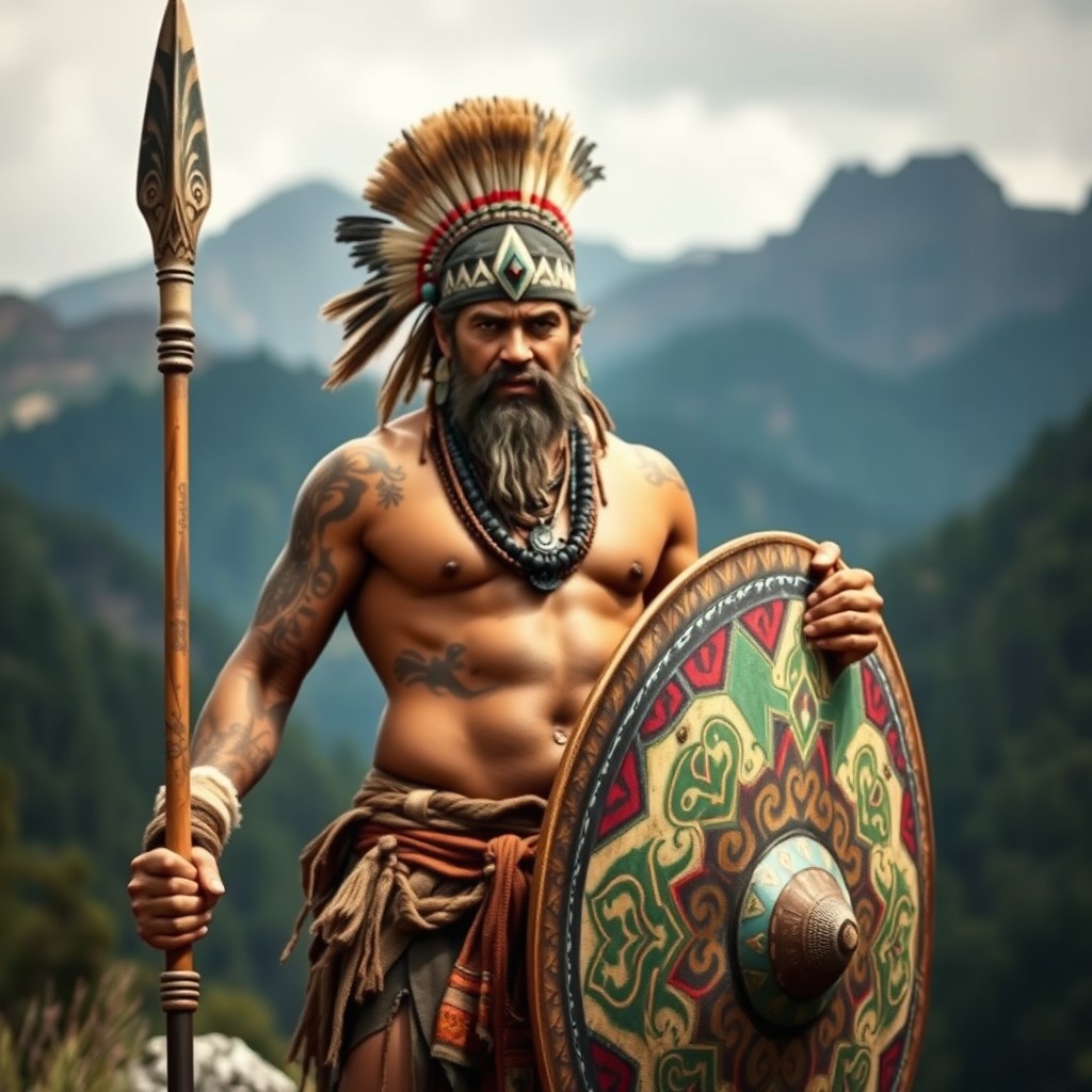A fierce ancient tribal warrior standing tall, adorned in intricate traditional clothing and accessories that reflect his cultural heritage