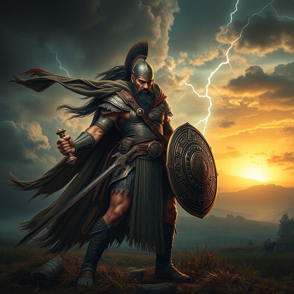 A fierce ancient warrior standing strong in a dramatic battlefield scene, adorned with intricate armor that showcases elaborate engravings and vibrant colors