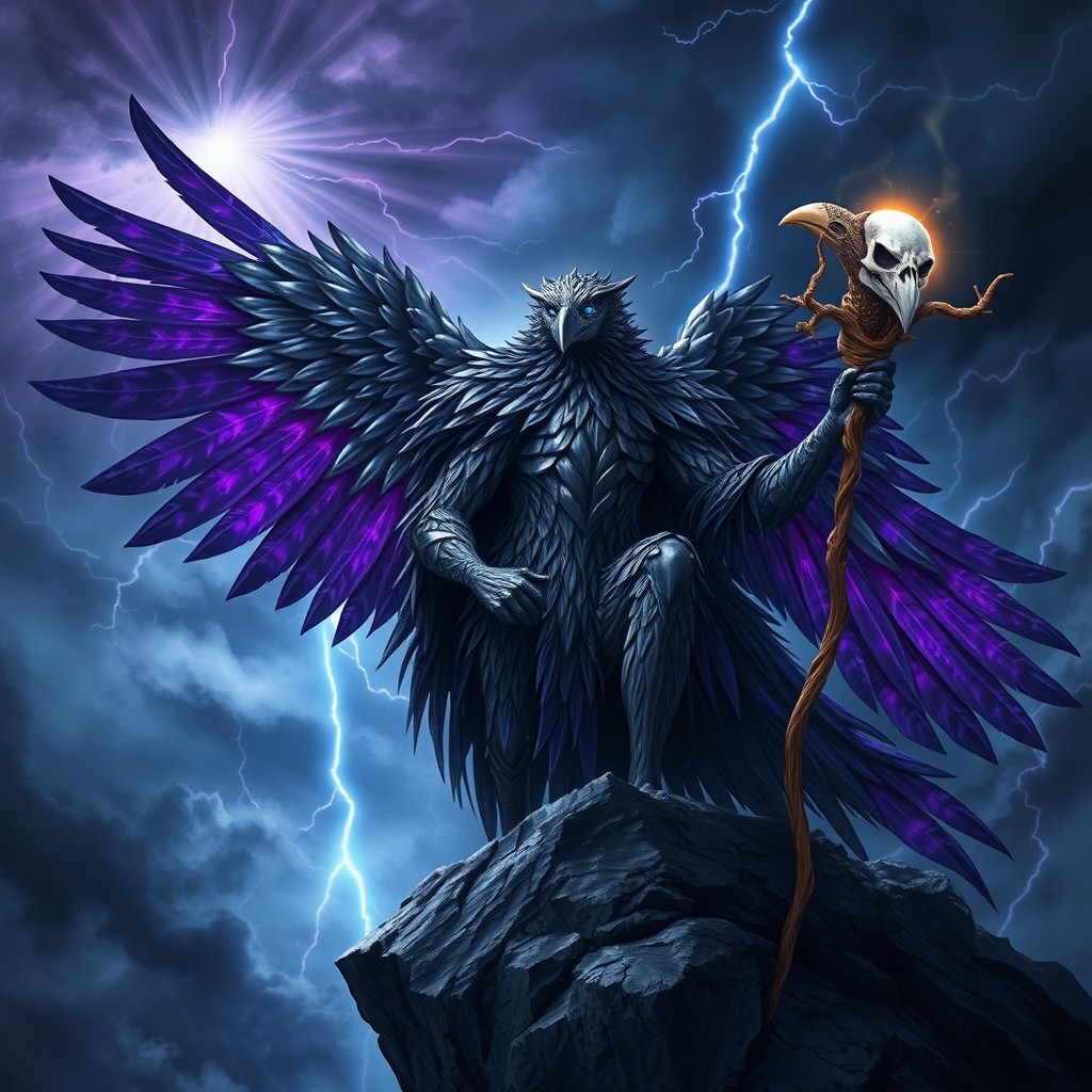 A majestic and ethereal depiction of a Raven God, adorned with intricate feathered armor that shimmers in shades of black and iridescent purple