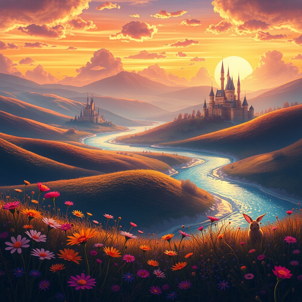 A stunning digital illustration created using Photoshop, featuring a vibrant fantasy landscape with rolling hills, sparkling rivers, and a luminous sunset casting warm light on whimsical castles in the distance