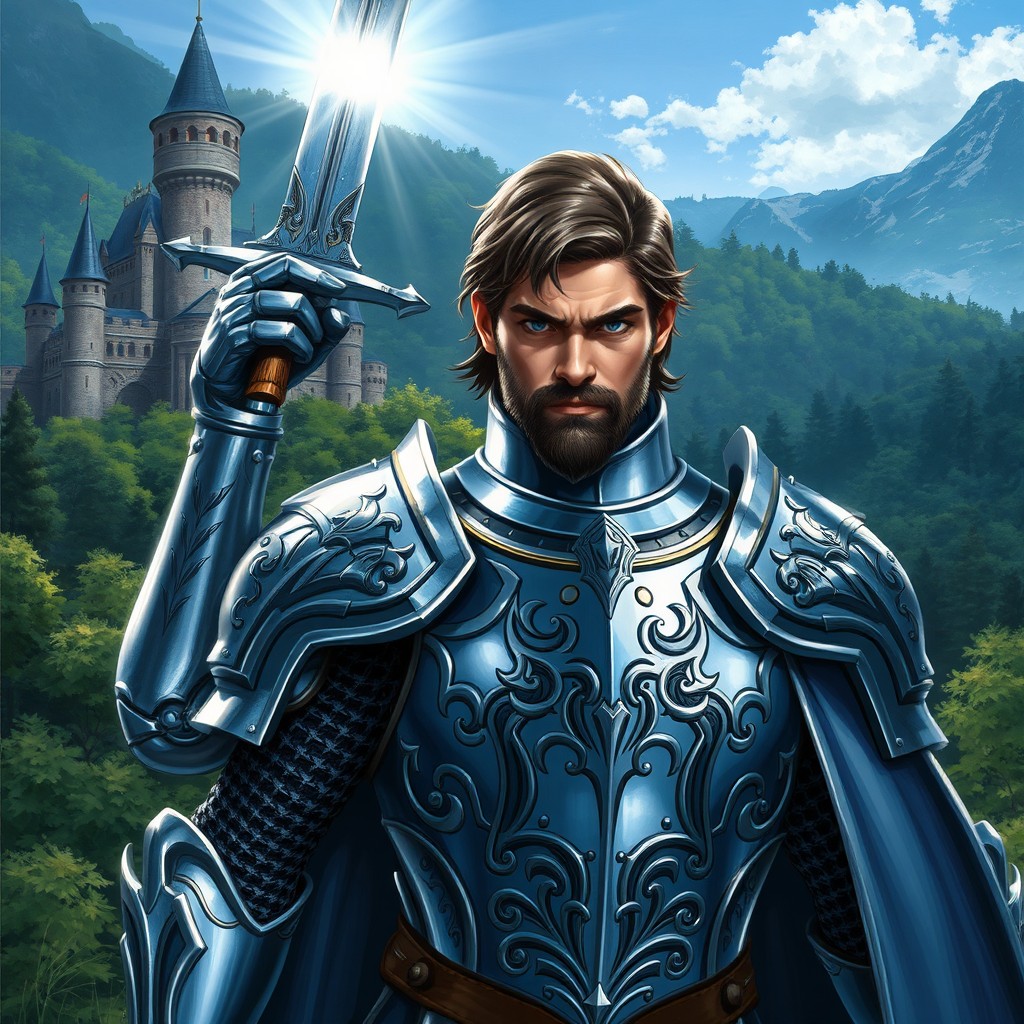 A stunning digital drawing created using Photoshop, showcasing a detailed character portrait of a heroic knight in shining armor