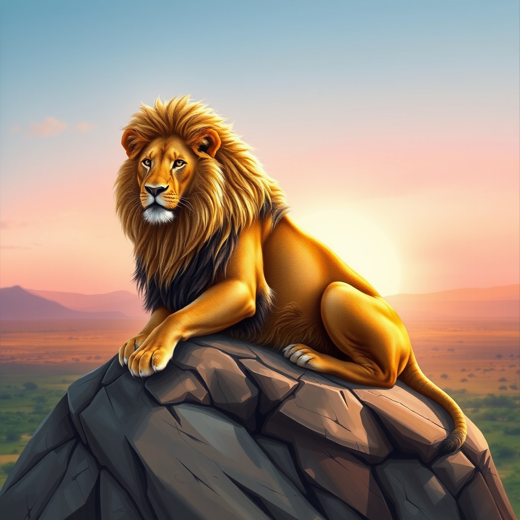 A beautifully detailed digital drawing created in Photoshop, featuring a majestic lion sitting regally on a rocky outcrop