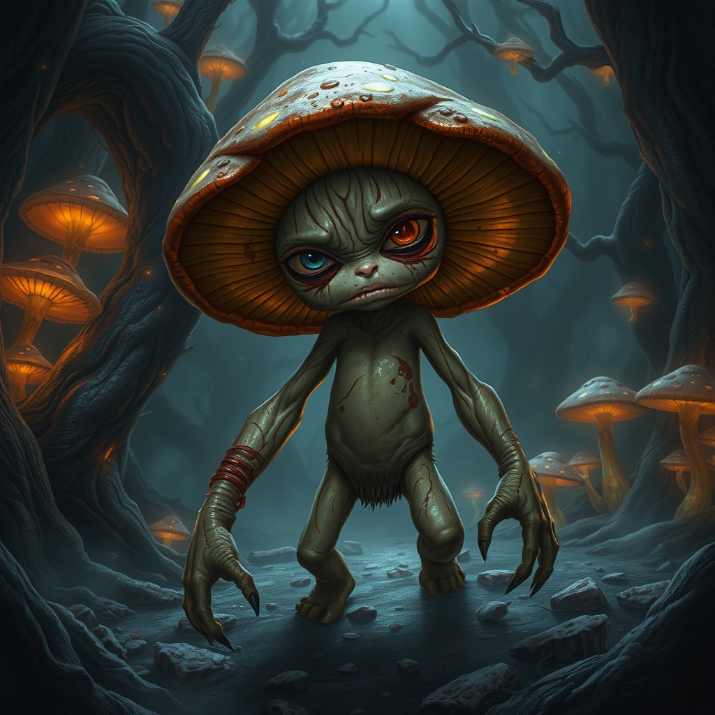 A heavily injured myconid (a mushroom-like humanoid) depicted in a fantasy setting