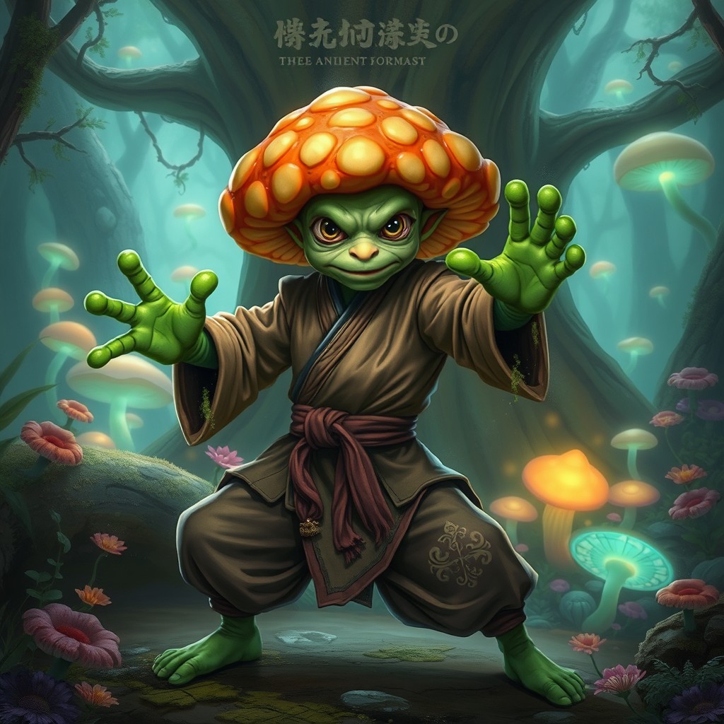 A myconid monk, showcasing a unique blend of mycological features and martial arts attire
