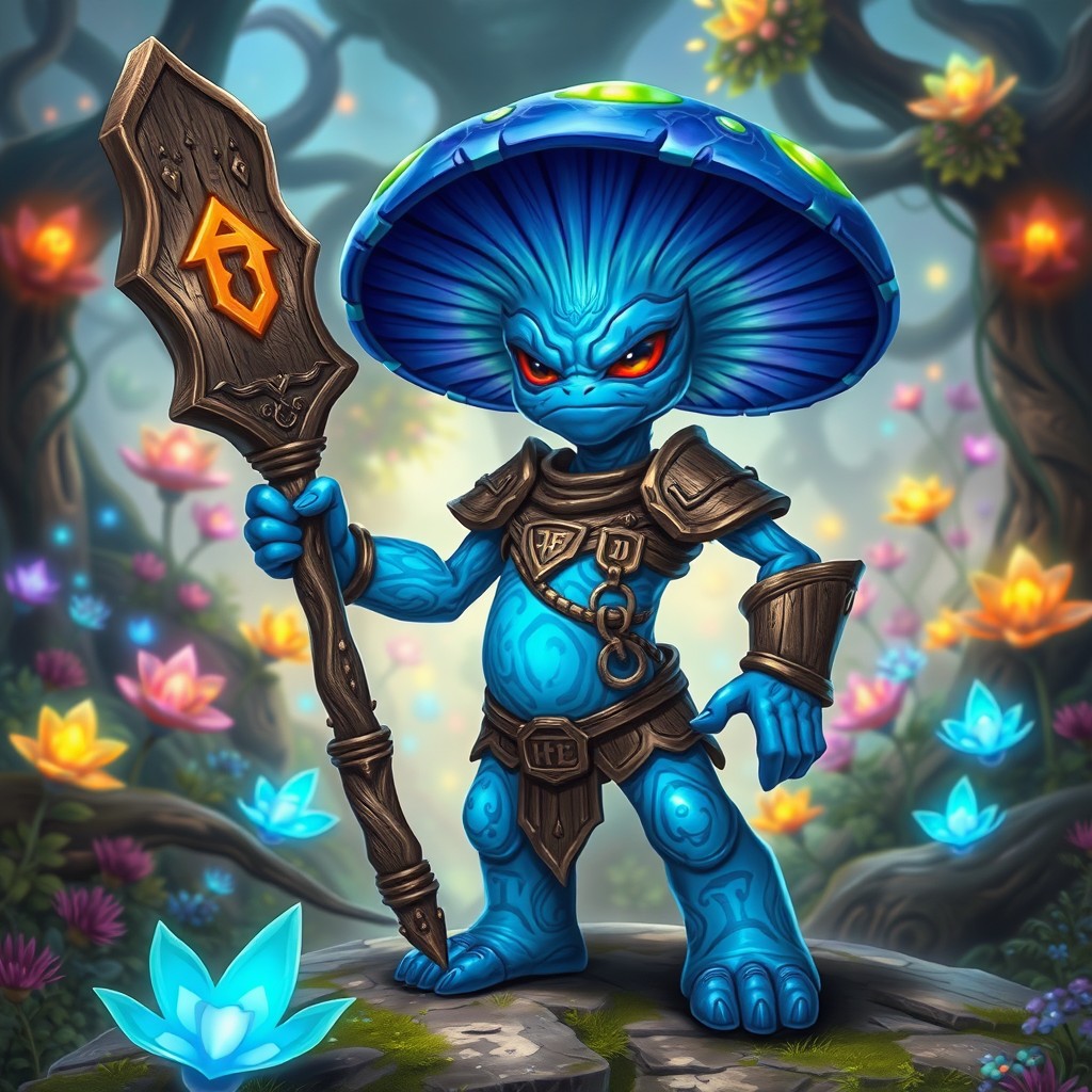 A blue myconid warrior, standing proudly in a fantasy landscape