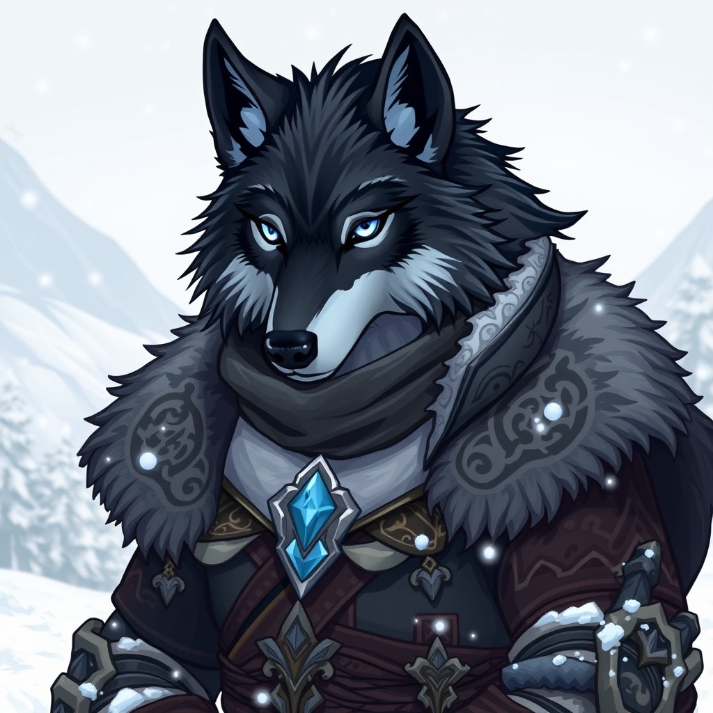 A stylized fantasy alpha wolf named Nohr, showcasing striking ice-blue eyes and sleek black fur