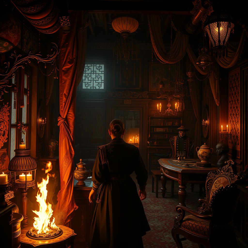 A warm-lit scene filled with rich and contrasting details, depicting beauty intertwined with violence