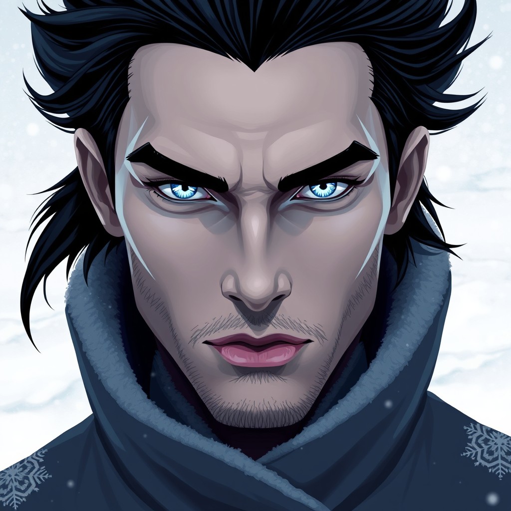 A stylized portrait of a man named Nohr with striking ice blue eyes and jet black hair