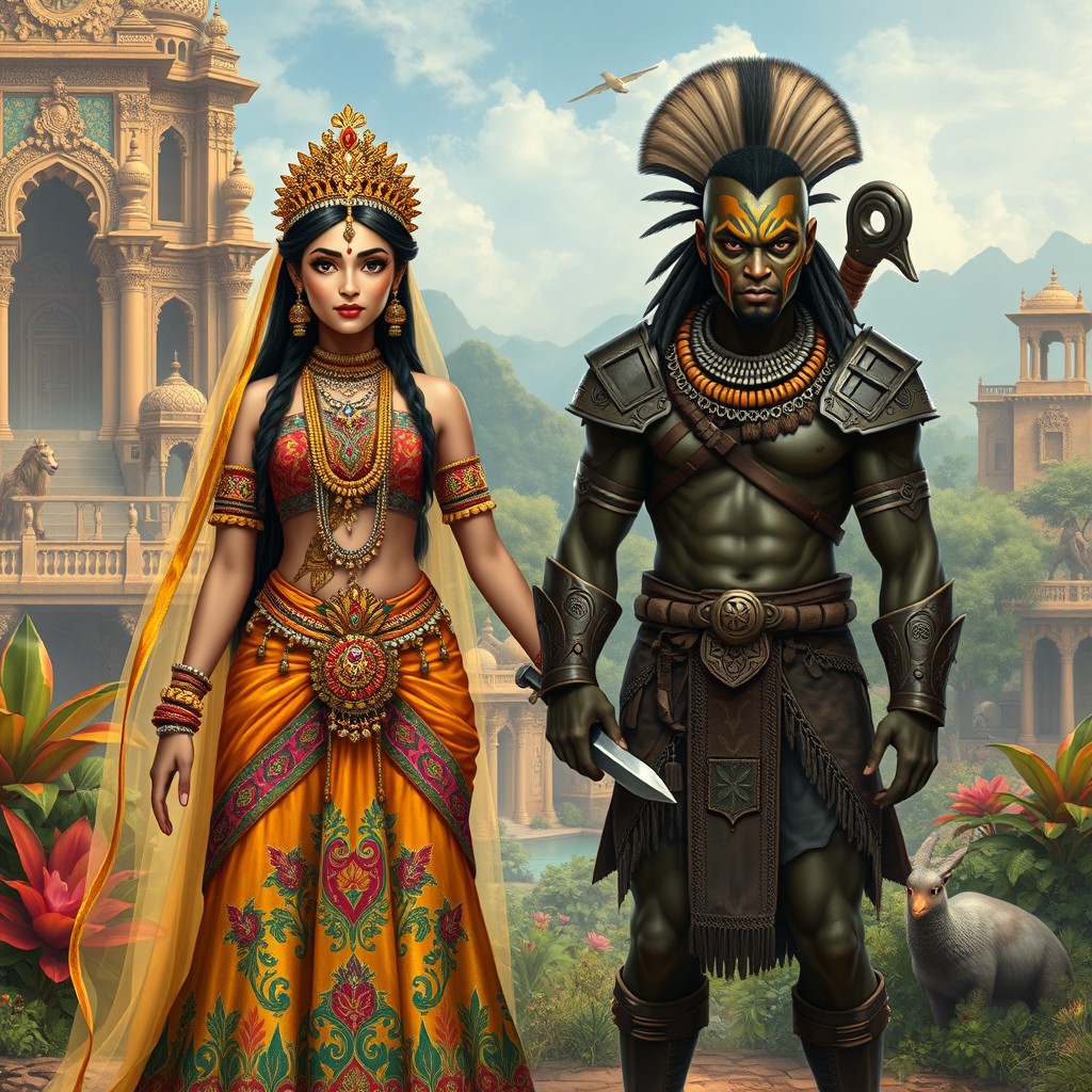 A captivating scene depicting a majestic Indian princess dressed in an ornate, colorful traditional outfit with intricate patterns and jewelry, showcasing her grace and beauty