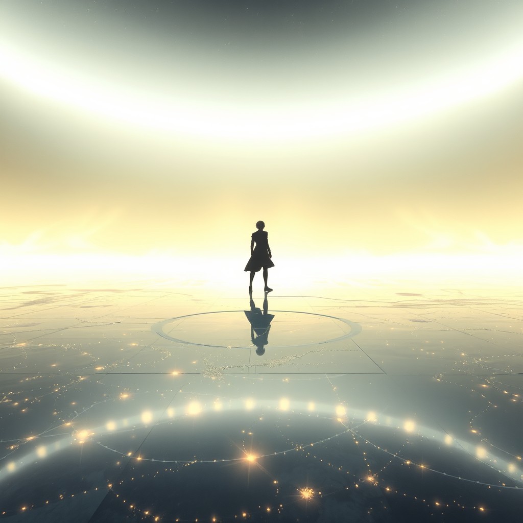 An infinite, mirrored battlefield glowing faintly with soft gold and silver light, surreal and dreamlike
