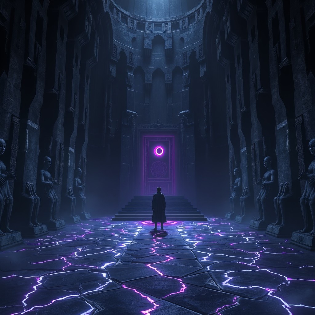 A vast, eerie temple interior crafted from inky black stone, dramatically illuminated by glowing cracks in the floor that emit faint silver and purple light, resembling veins of energy