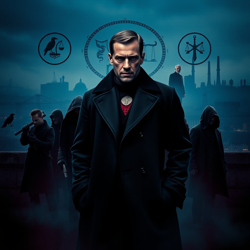A striking movie poster featuring the main character, Nikolai Morinov, a 30-year-old man clad in a dark coat, standing at the center