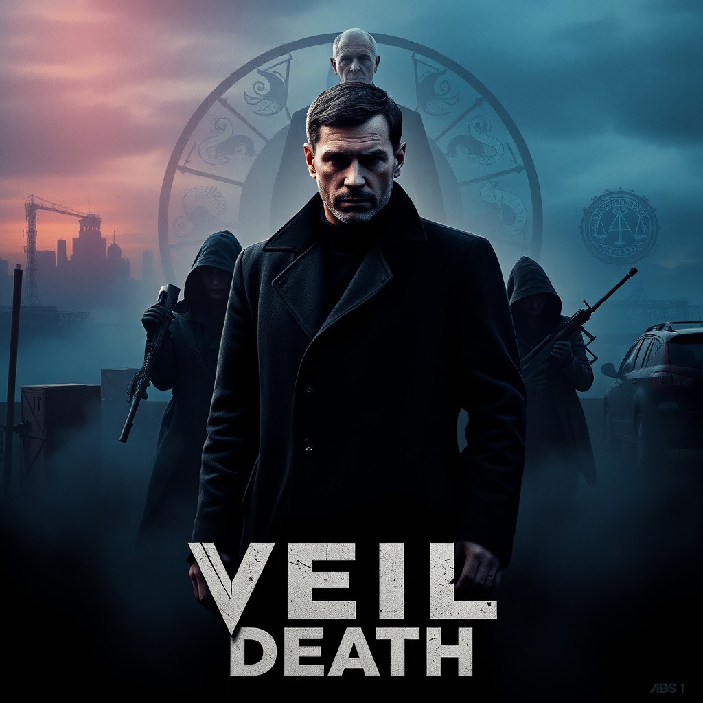 A striking movie poster for the film 'Veil of Death' featuring the main character, Nikolai Morinov, a 28-year-old man clad in a dark coat, standing at the center