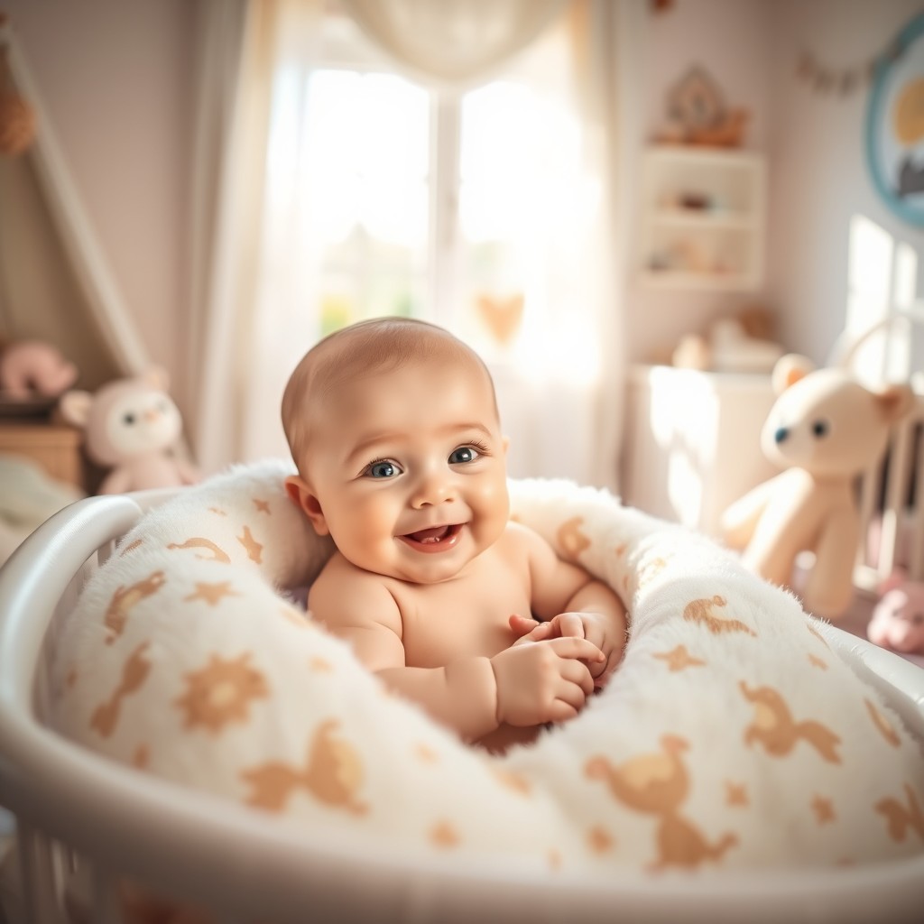 A serene and heartwarming scene of a beautiful baby in a cozy nursery, surrounded by soft pastel colors