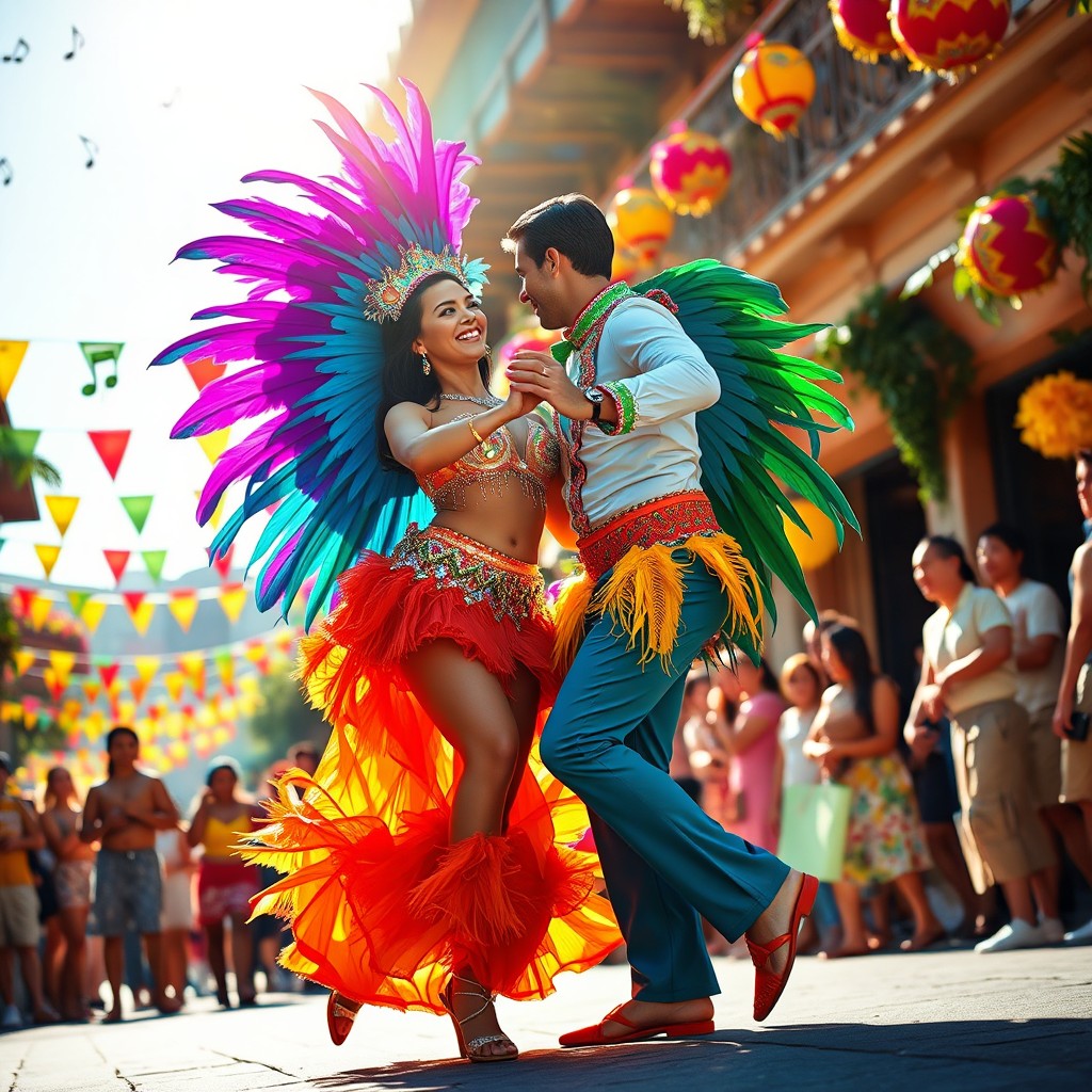 A vibrant and colorful scene depicting a samba dance from Brazil, showcasing a passionate couple elegantly performing traditional samba moves